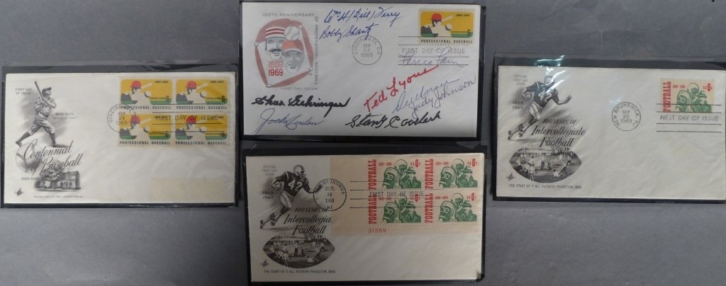 Collection of Baseball Autographs: Group of 4 sports First Day Cover envelopes and stamps circa 1969. 1 envelope is signed with certificate of authenticity for 9 autographs including: Bobby Schantz, Jocko Conlon, Ferris Fain, Ted Lyons