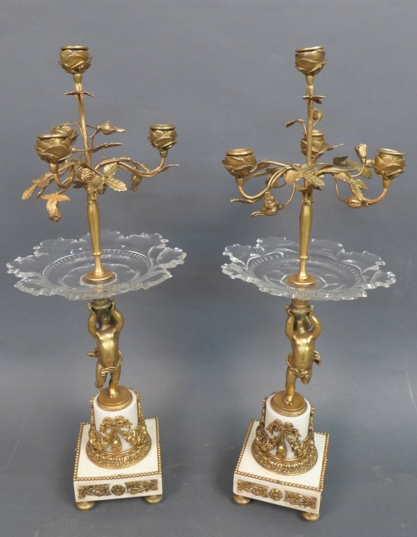 Pair of Dore Bronze and Marble Compotes: Pair of figural dore over bronze, cut glass and white marble candelabra epergnes. Height: 22", Width: 7 1/2"
