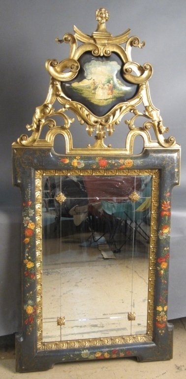 Mirror in Gilt & Hand Painted Wood Frame, 19th C: Mirror in hand painted and gilt wood, carved frame. 19th Century. Some chipping to glass and cracks and old repairs to frame. Height: 63 1/2", Width: 30"