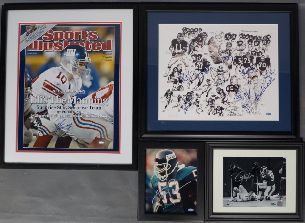 New York Giants NFL Autographs: Collection of New York Giants autographs including: Super Bowl XLII & XLVI winner Elisha Nelson "Eli" Manning, Hall of Famer Harold Donald Carson, Hall of Famer Lawrence Julius Taylor, and autographs 