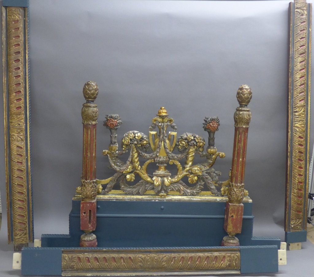 Carved Bed Frame/ Wood Elements, 18th C: Beautifully carved and painted antique wood bed frame/ elements. 18th Century, Continental. Some age appropriate wear and old repairs. Height of the Head board: 47 1/2", Width: 73 1/2", Height of the