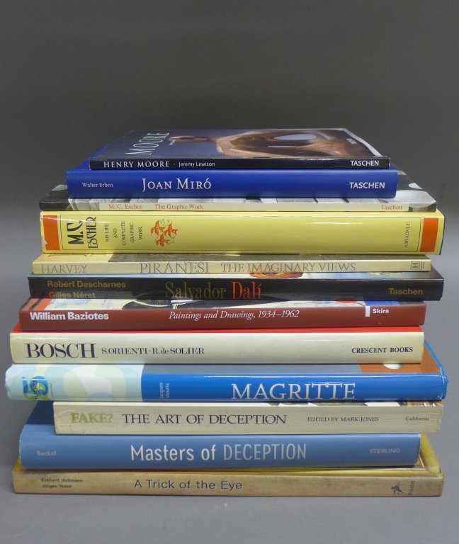 Collection of Surrealism & Abstract Art Books: From the Estate of Mark Falk. An Assortment of 12 art books pertaining to surrealism and abstract works. Titles include: Masters of Deception, M.C. Escher - The Graphic Work, A Trick of The Eye, Salva