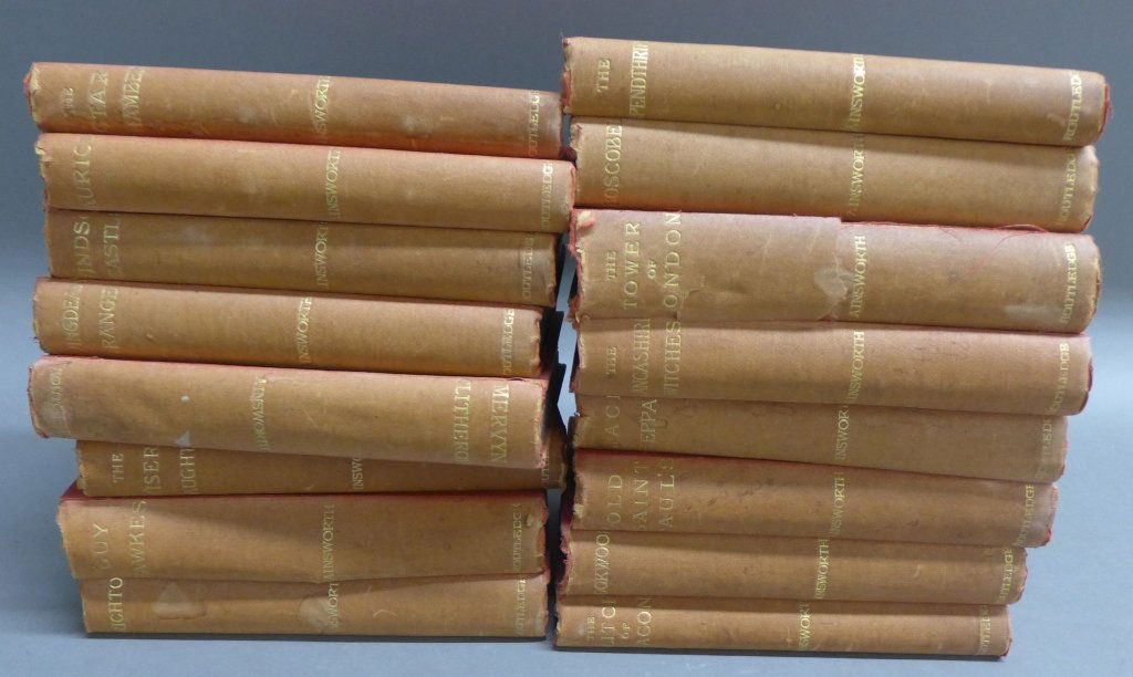 The Works of William Ainsworth, in 16 Volumes: From the Estate of Mark Falk. "The Original Illustrated Edition" set of 16 works by William Harrison Ainsworth. Author's Copyright Edition 1895. Titles include: Crichton, Windsor Castle, Guy Fawkes, T