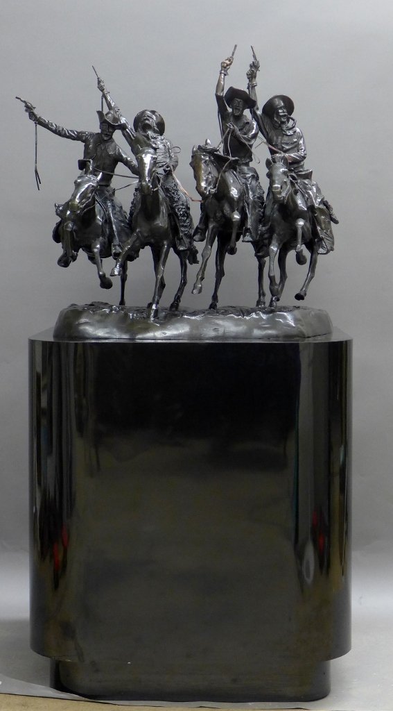 After Frederic Remington, American (1861- 1909): After Frederic Remington, American (1861- 1909). "Coming Through the Rye" Patinated bronze sculpture on custom base/ pedestal. Bronze signed: Frederic Remington. Height: 58", Width: 28 1/2", Depth: 24