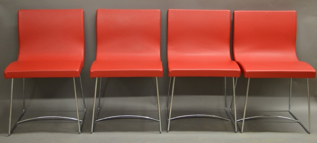 Set of 4 contemporary SALA Chairs by Pascal Mourgue: Set of 4 contemporary SALA dining chairs by Pascal Mourgue. These are very comfortable dining chairs with a thick seat in red leather and chromed sleigh base. Bottom of chairs has manufacturer label:
