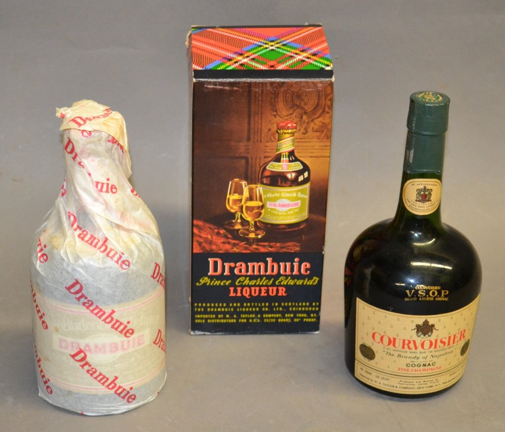 Vintage Courvoiser VSOP & Drambuie: Sealed vintage Courvoisier VSOP Fine Champagne Cognac (1960's) and a sealed bottle of Drambuie Prince Charles Edward's Liqueur with box. Box dimensions: 9" Height, 4 1/4" Depth, 4 1/4" Width.