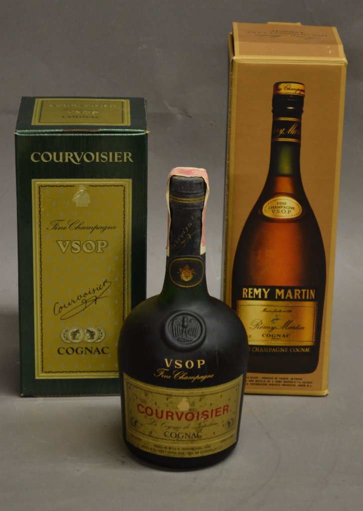 Sealed Remy Martin VSOP & 2 Courvoisier VSOPs: 3 Vintage VSOPs1 Remy Martin VSOP fine champagne cognac - sealed and boxed, 1 Courvoisier VSOP fine champagne cognac sealed and boxed and 1 Courvoisier VSOP fine champagne cognac sealed. Box dimension
