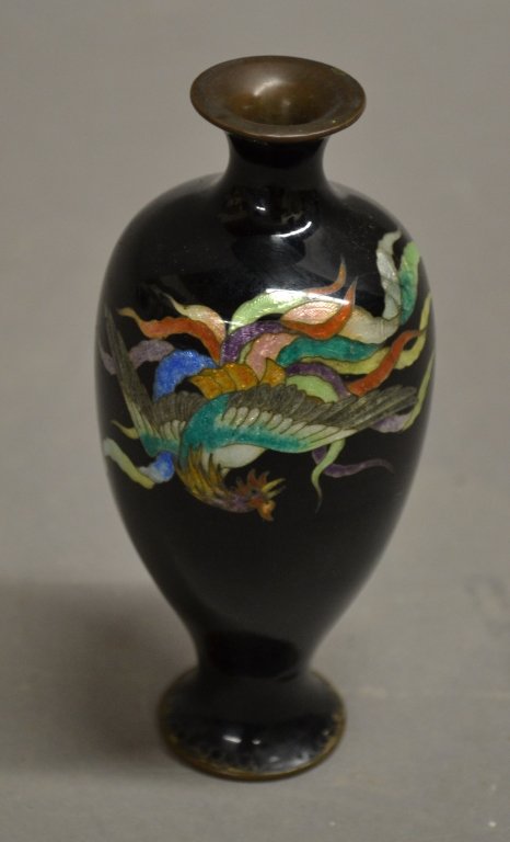 Cloisonne Vase with Phoenix: Cloisonne Vase with Phoenix on black ground. Slight chipping on flared rim. Height: 5 1/8", Width: 2 1/4"