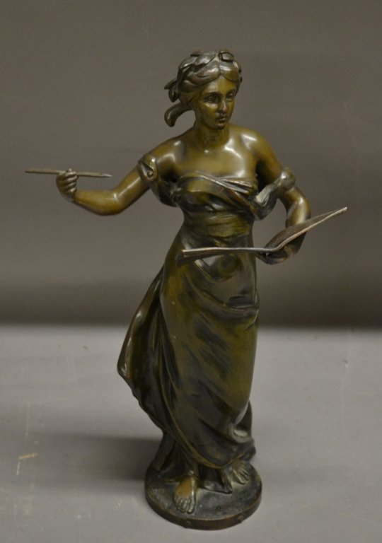 Mathurin Moreau, French (1822-1912): Mathurin Moreau, French (1822-1912) Figural bronze. Plaque on base reads: "Inspiration" Par Math. Mareau (Medlle d'Honneur) Signed: Math. Moreau. Height: 16 1/4", Width: 9 1/8", Depth: 4 1/2"
