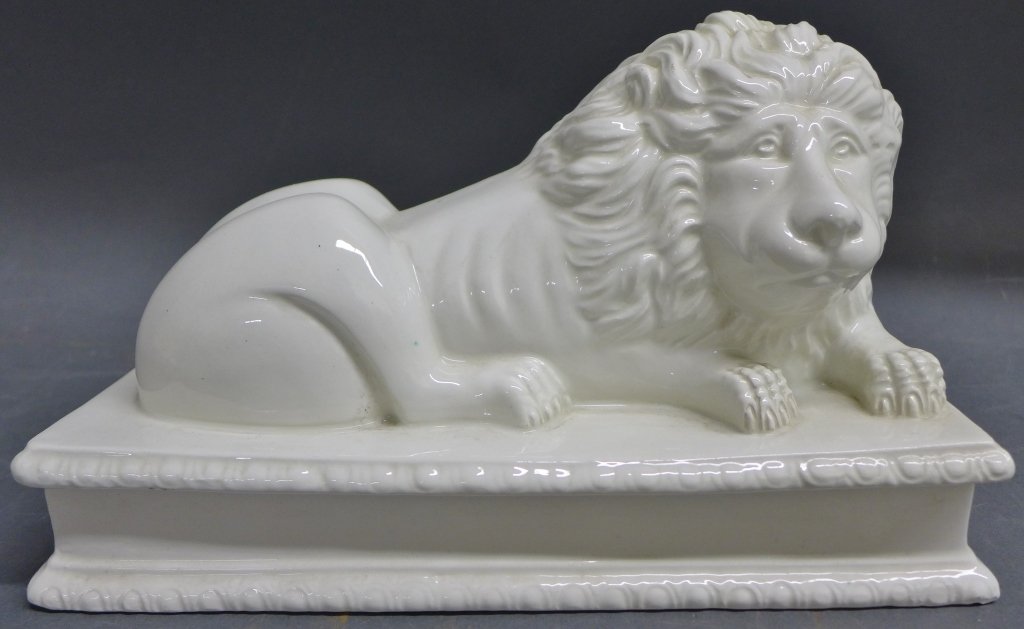 Porcelain Lion Box: Italian porcelain trinket box with Lion atop. Bottom signed: P. 810/ A, Meiselman. Height: 5 1/2", Width: 10 3/4", Width: 6"