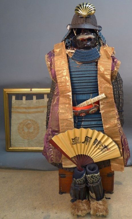 Rare Edo Japanese Samurai Armour: Over 20 pieces of Japanese Samurai armour w/ classic Edo period light weight wood storage case & framed rare Samurai Sashimono banner flag. Samurai armour includes manchira gorget from the Edo period,