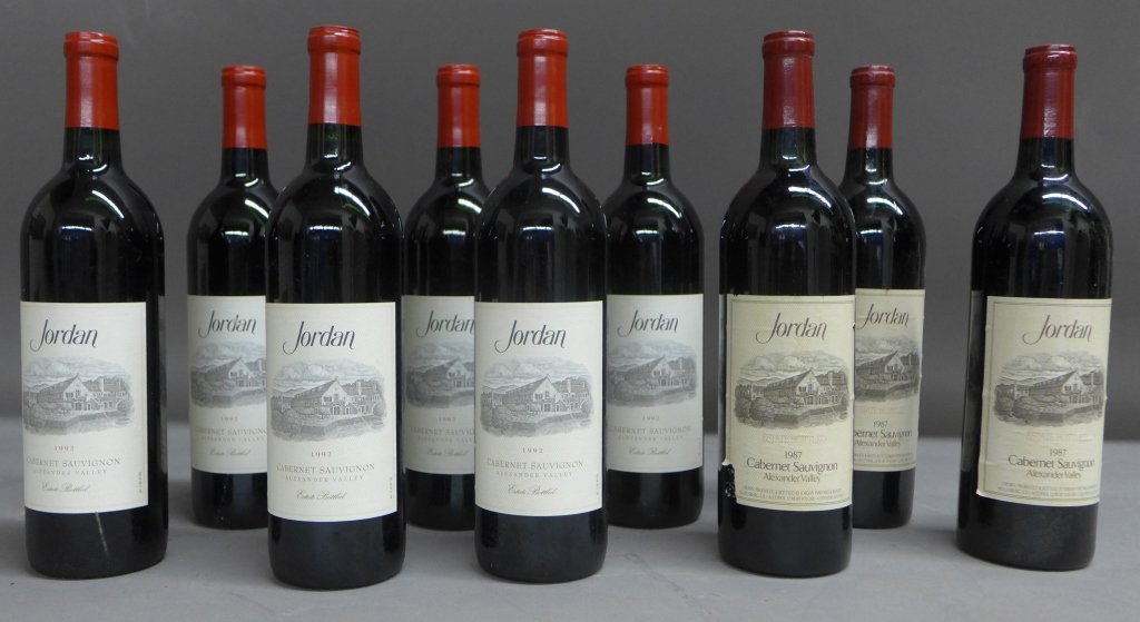 Collection of Jordan Cabernet Sauvignon: Collection of 9 sealed bottles of Jordan Cabernet Sauvignon. 3 bottles of 1987 and 6 of the 1992. All are Estate bottled. Height of the bottles: 12", Width: 3"