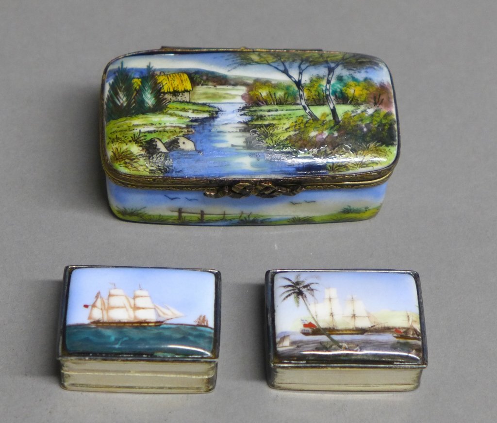 Collection of 3 Trinket Boxes: Three trinket boxes. Two silver and enamel with nautical scenes and one porcelain and bronze with stream scene.