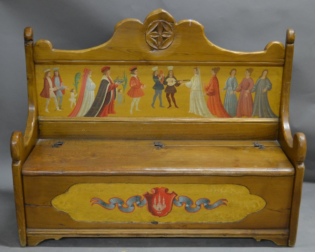 Italian Hand Painted Storage Bench: Antique Italian hand painted wood storage bench. Height: 45", Width: 55 1/4", Depth: 16"