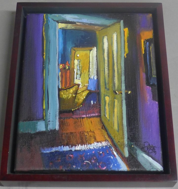 Joanna M. Wezyk, Poland (1966- ): Small Interior Room" O/C signed on bottom right. Joanna M. Wezyk is a Polish American artist. Height: 11 1/4", Width: 9 1/4" & Image size: Height: 10 1/2", Width: 8 1/2