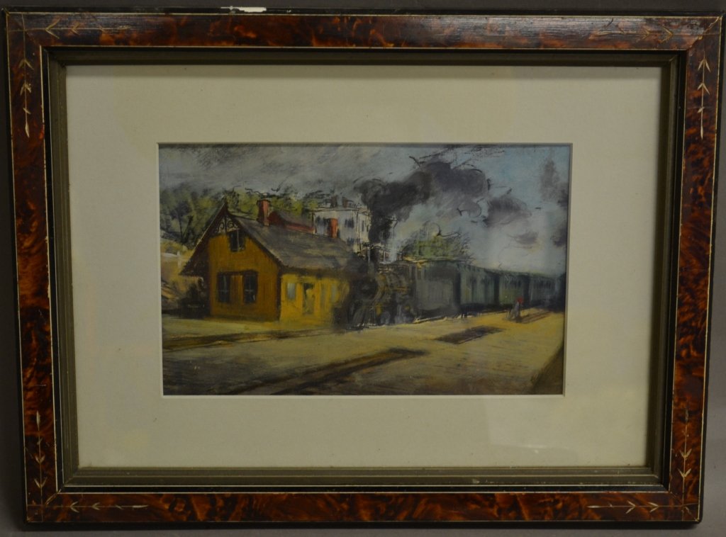 Pastel Train Scene: Pastel on paper. Framed steam train in Kent, Conneticut. Height: 12 1/4", Width: 16 1/4"& Image Size: Height: 6", Width: 9 1/2"