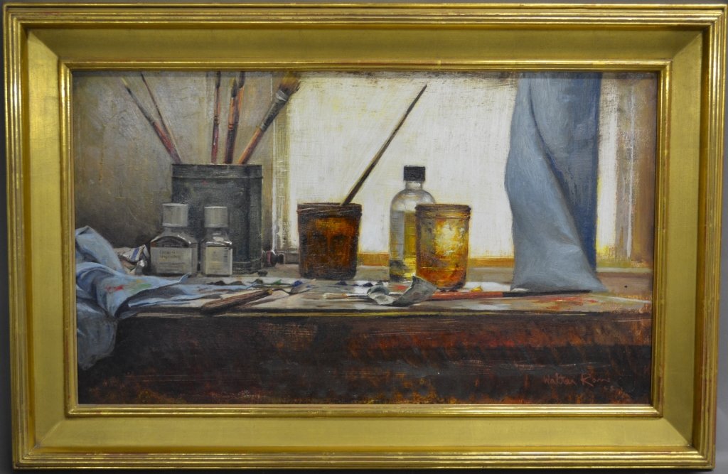 Walter Rane, American: Linseed Oil and Spirits" O/B signed on lower right. Rane's paintings demonstrate the mastery of dynamic composition. Height: 19", Width: 29" & Image Size: Height: 14", Width: 24