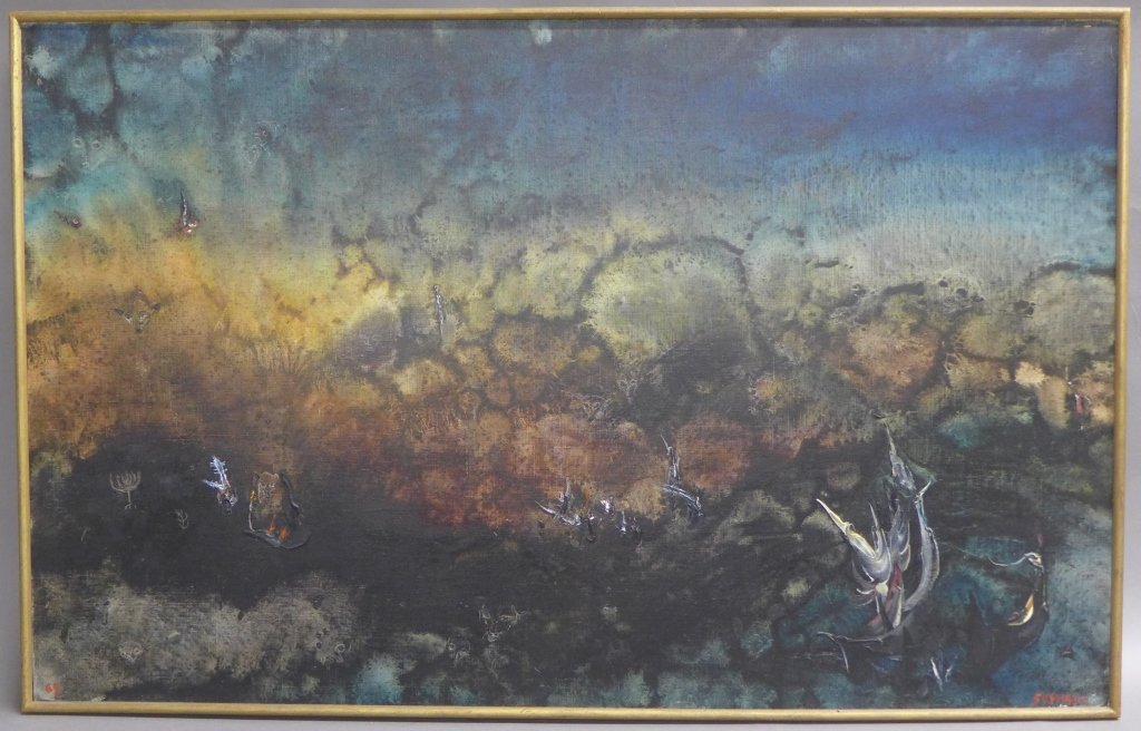 Soshana Afroyim, Austrian (1927- ): Storm over the Desert" O/C signed: Soshana. Soshana is a painter of the modernism period. Height: 29 1/2", Width: 46 1/4" & Image Size: Height: 28 1/2", Width: 45 1/4