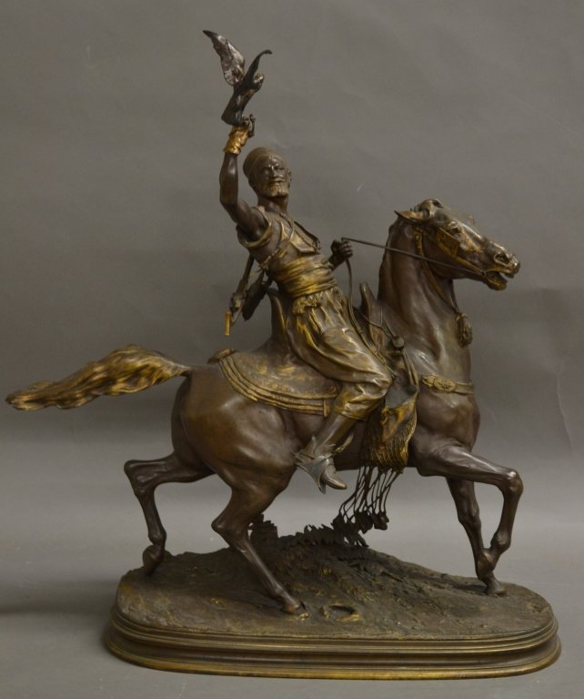 Pierre-Jules Mene, French (1810-1879): Arab Falconer, patinated bronze sculpture. Signed: PJ Mene. Height: 31", Width: 28", Depth: 12"