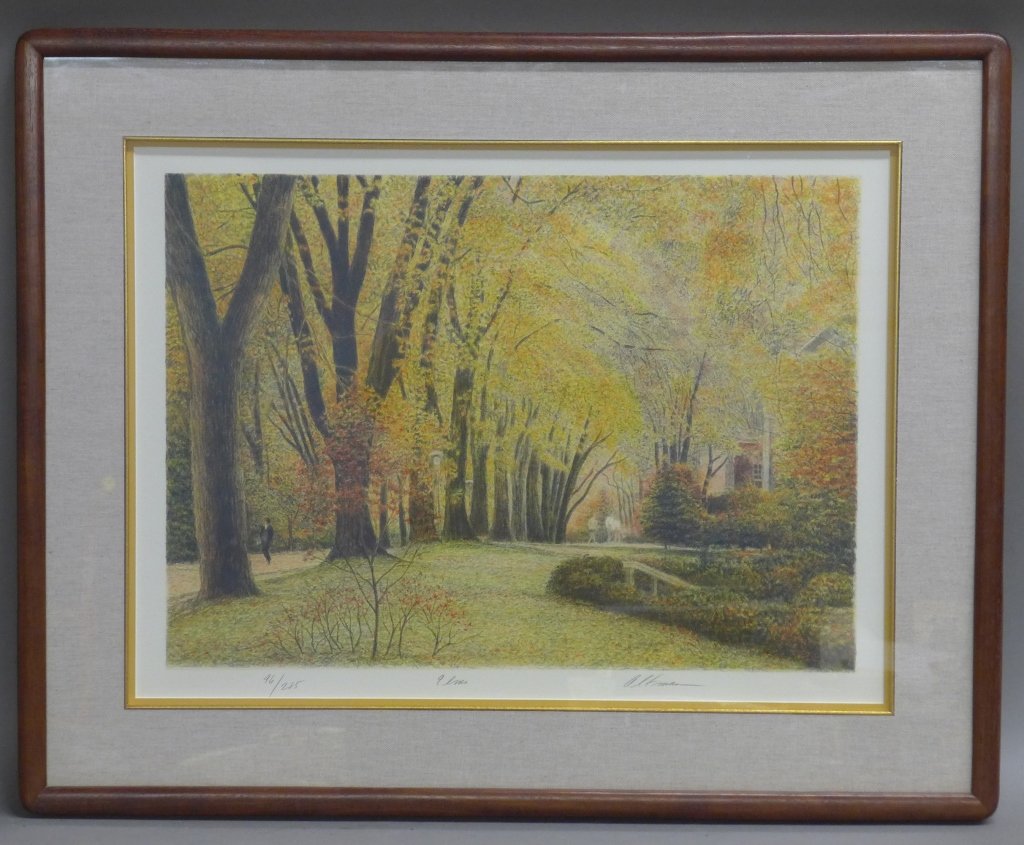 Harold Altman, American (1924-2003): Elms" Print. Signed on bottom right. Numbered: 96/285. Born in New York City, Altman's work can be found in museum collections around the world. Height: 26 1/4", Width: 33" & Image Size: Height: 16 1/