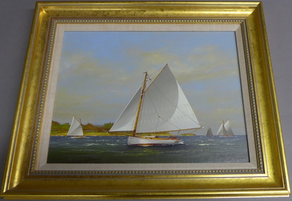Vern Broe, American (1930- ): Afternoon Sail" O/C signed on lower right. Broe paints with style similar to a Flemish Master as well as a 20th Century artist. Height: 16 1/2", width: 20" & image Size: Height: 11 3/4", Width: 15 1/2