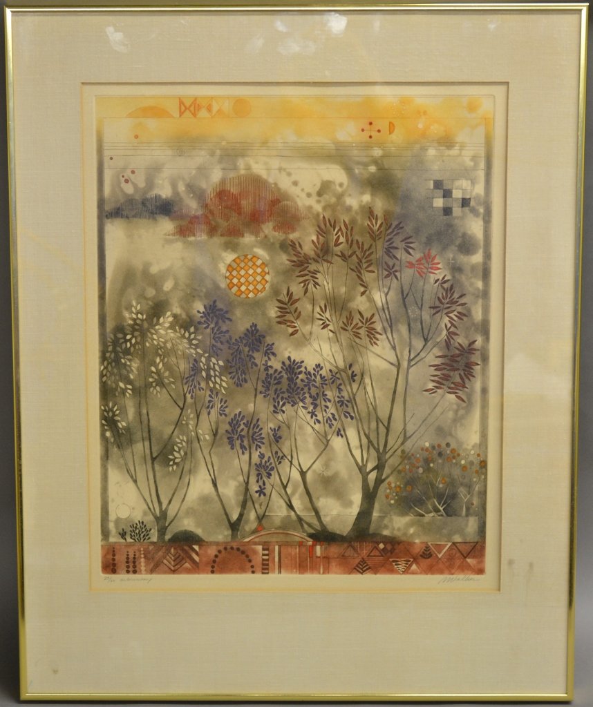 M. Walker Signed and Numbered Print: Abstract landscape. Print. Numbered: 23/60. Signed in pencil on bottom right. Height: 31 1/4", Width: 25 1/4" & Image Size: Height: 22 1/2", Width: 18"