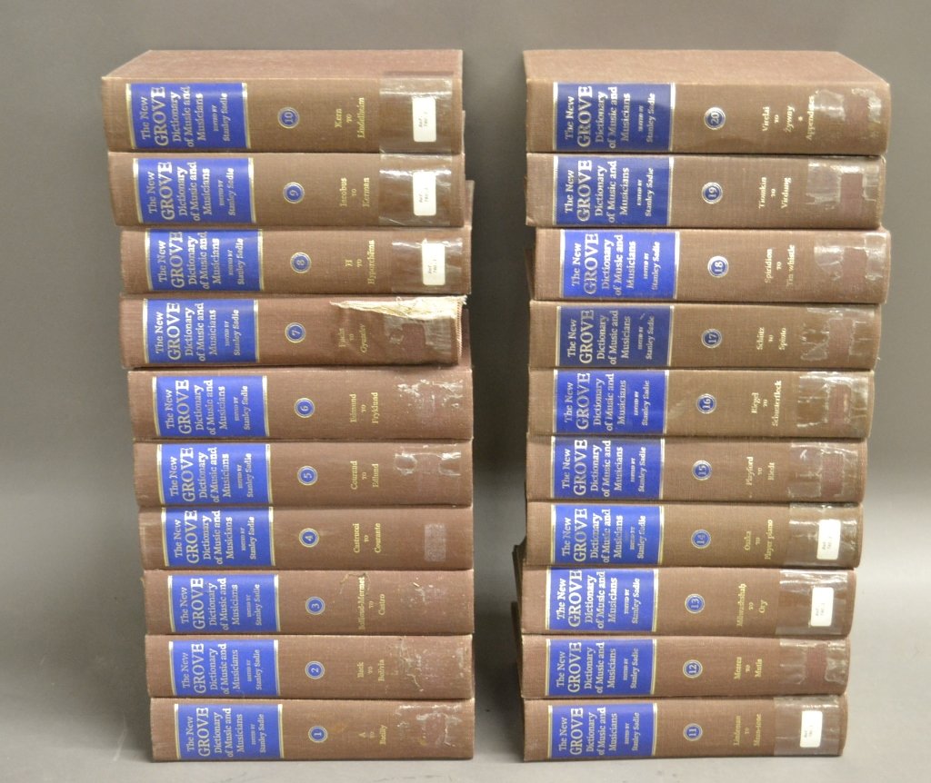 The New Grove Dictionary of Music and Musicians: From the estate of Mark Falk. Collection of 20 volumes of "The New Grove Dictionary of Music and Musicians", edited by Stanley Sadie, copyright 1980.