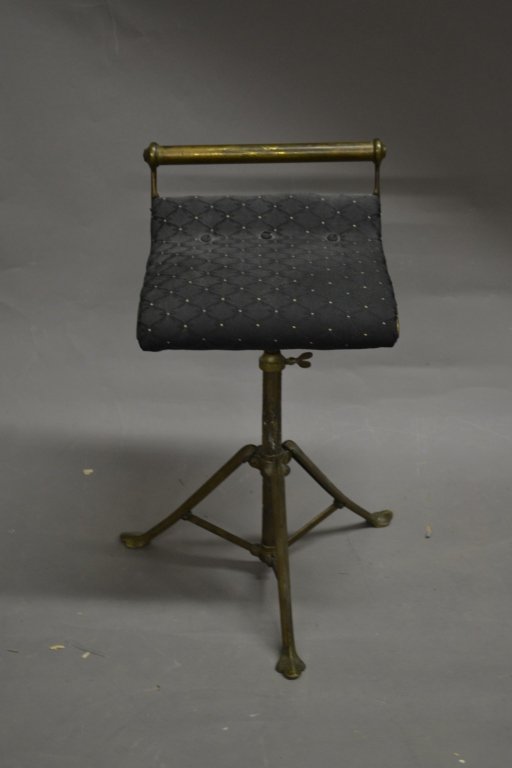 C .H. Hare Patent 19th Century Brass Piano Stool: C .H. Hare Patent 19th Century brass and upholstered adjustable piano stool. Height: 23", Width: 12 1/2", Depth: 11" <