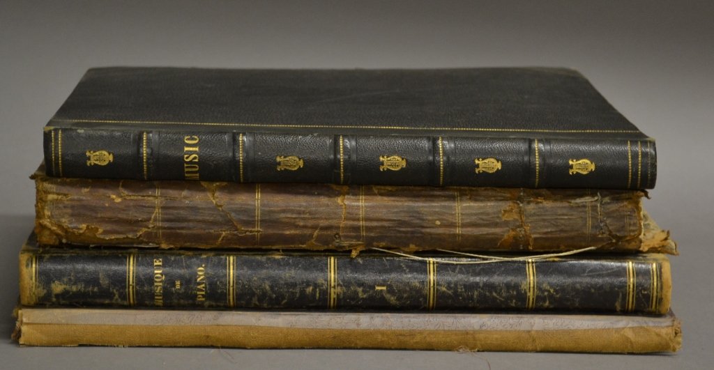 Collection of Antique Sheet Music Books: From the Estate of Mark Falk. Collection of 4 antique books of sheet music from a variety of composers such as: Grobe, Krummacher, Braumuller, Woolf, Kappes, Bruhns and Meerbach. Some fading and water
