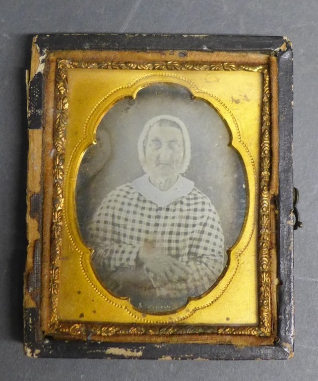 Victorian Post Modern Ambrotype/ Daguerreotype: From the Estate of Mark Falk. Victorian post modern ambrotype/ daguerreotypes photo in split case and gold mat. Case dimensions: 3" x 2 3/8"