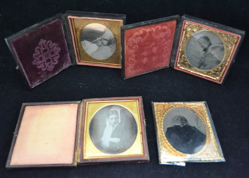 Victorian Post Mortem Ambrotype/ Daguerreotype: From the Estate of Mark Falk. Collection of 4 Sixth plate Ambrotype/ Daguerreotypes. All have gold mat. 3 are in full cases (1 case missing hinge) with velvet or satin pillows. Height: 3 3/4", Width: 