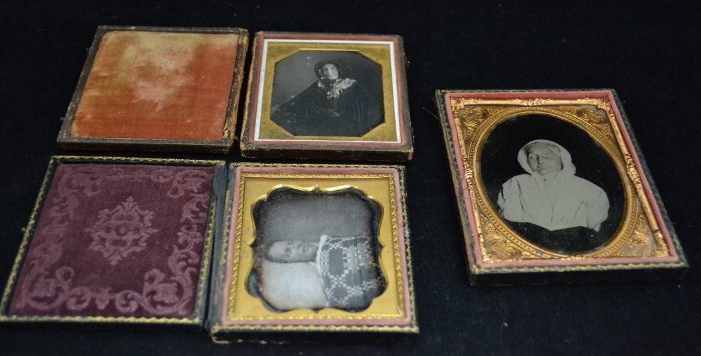 Victorian Post Mortem Ambrotype/ Daguerreotype: From the Estate of Mark Falk. Collection of 3 Ambrotype/ Daguerreotypes. 2 are sixth plate Daguerreotypes and 1 is a quarter plate Ambrotype. All have gold mat. The 2 Daguerreotypes are full cases (bo