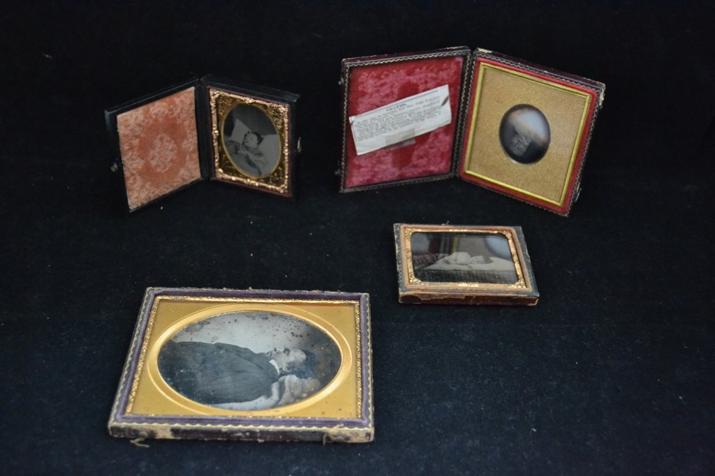 Victorian Post Mortem Ambrotype/ Daguerreotype: From the Estate of Mark Falk. Collection of 4 Ambrotype/ Daguerreotypes. Lot includes: 2 ninth plate Ambrotypes, 1 sixth plate Daguerreotype and 1 quarter plate Daguerreotype. All have a gold mat. The