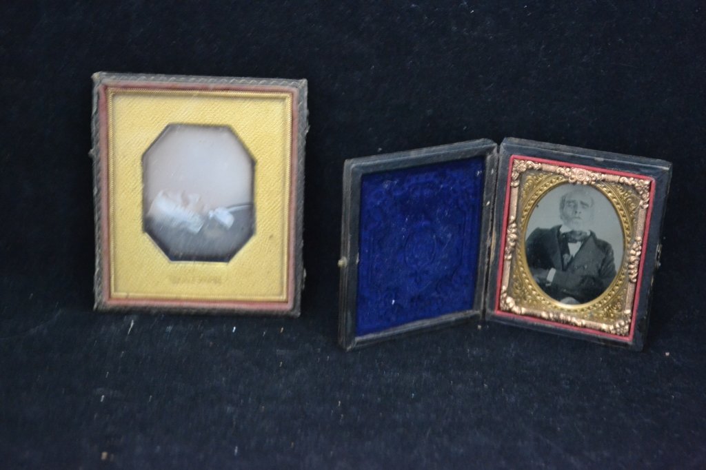 Victorian Post Mortem Ambrotype/ Daguerreotype: From the Estate of Mark Falk. A ninth plate and a sixth plate Ambrotype/ Daguerreotype of an old man and elderly lady. Both have gold mats. The sixth plate gold mat has the name, "Wester" stamped on t