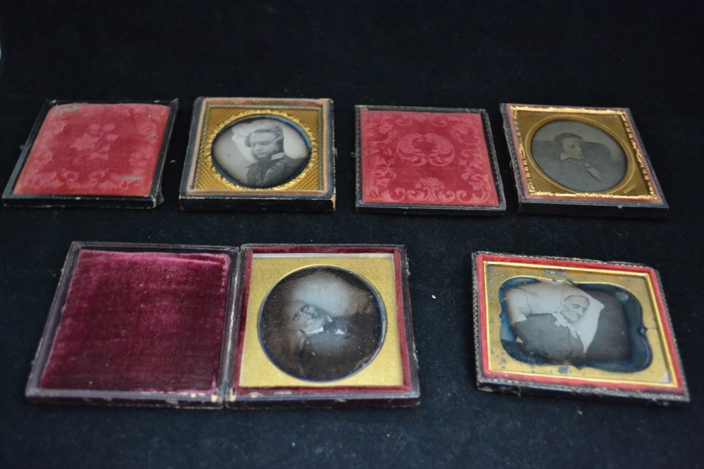 Victorian Post Mortem Ambrotype/ Daguerreotype: From the Estate of Mark Falk. Collection of 4 sixth plate Ambrotype/ Daguerreotypes. The full case as well as the 2 other cases (top and bottom are detached) have velvet pillows. All Ambrotype/ Daguer