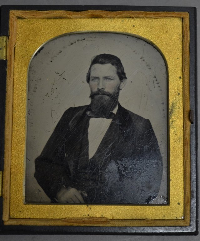 Ambrotype / Daguerreotype Photograph: Ambrotype photograph in frame case manufactured by Littlefield, Parsons & Co. Includes signed hand written note from subject to "Friend Kate" describing his light blue eyes. Possible Engagement Propos