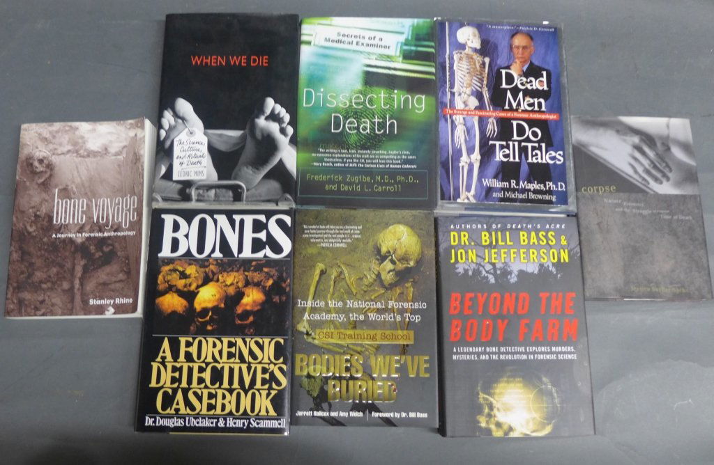 Collection of Books About Forensics and Cases: From the Estate of Mark Falk. Collection 8 books relating to the theme of forensics and case files. Titles include: Corpse, Bone Voyage, Bones, Bodies We've Buried, Beyond the Body Farm, Dead Men Do T
