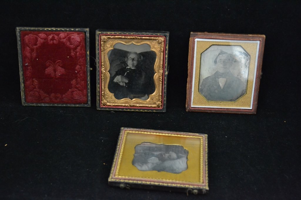 Victorian Post Mortem Ambrotype/ Daguerreotype: From the Estate of Mark Falk. Collection of 3 sixth plate Ambrotype/ Daguerreotypes of males, greatly varying in age. All have gold mats. Two are in split cases while the older man is in a detached ca