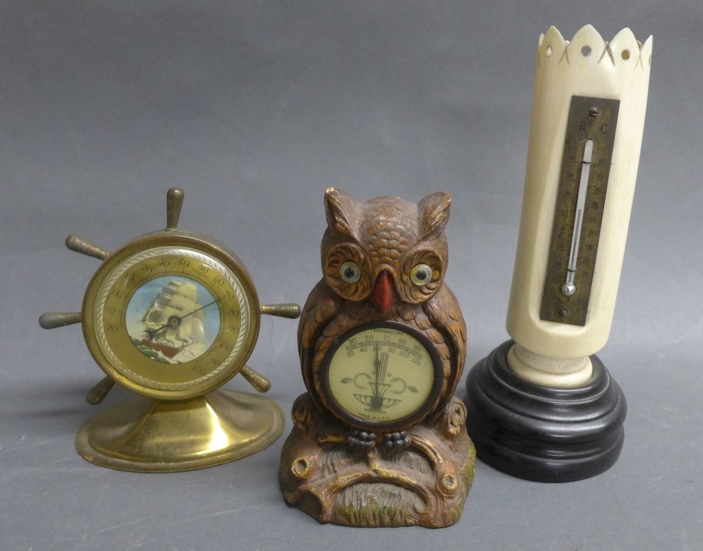 Collection of 3 Temperature Gauges: From the Estate of Mark Falk. Collection of 3 vintage temperature gauges including a thermometer attached to a carved piece of elephant tusk (circa 1940). Some slight damages. AS IS. Heights vary: 5"-