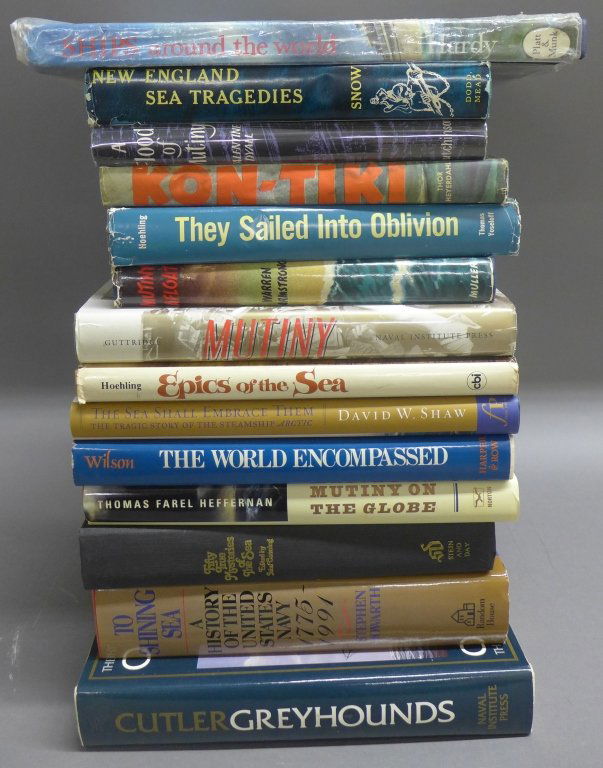 Collection of Book on Mutiny & Shipwrecks: From the Estate of Mark Falk. A collection of 14 hard-covered books pertaining to ships, shipwreck and mutiny. Titles include: Mutiny on the Globe, The Sailed Into Oblivion, Epics of the Sea and A Flo