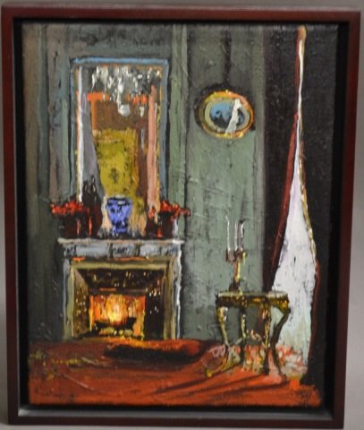 Joanna M. Wezyk, Poland (1966- ): Room with a Fireplace Original oil on canvas. signed on lower right. Joanna M. Wezyk is a Polish American artist. Height: 15 1/4", Width: 12 1/4" & Image Size: 14", Width: 11"