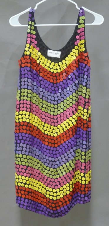 Emanuel Ungaro Shift Dress: Colorful shift dress by Emanuel. Lavender, purple, red, yellow, pink and green buttons on black netting. Some missing buttons. Length: 34", Waist: 36"