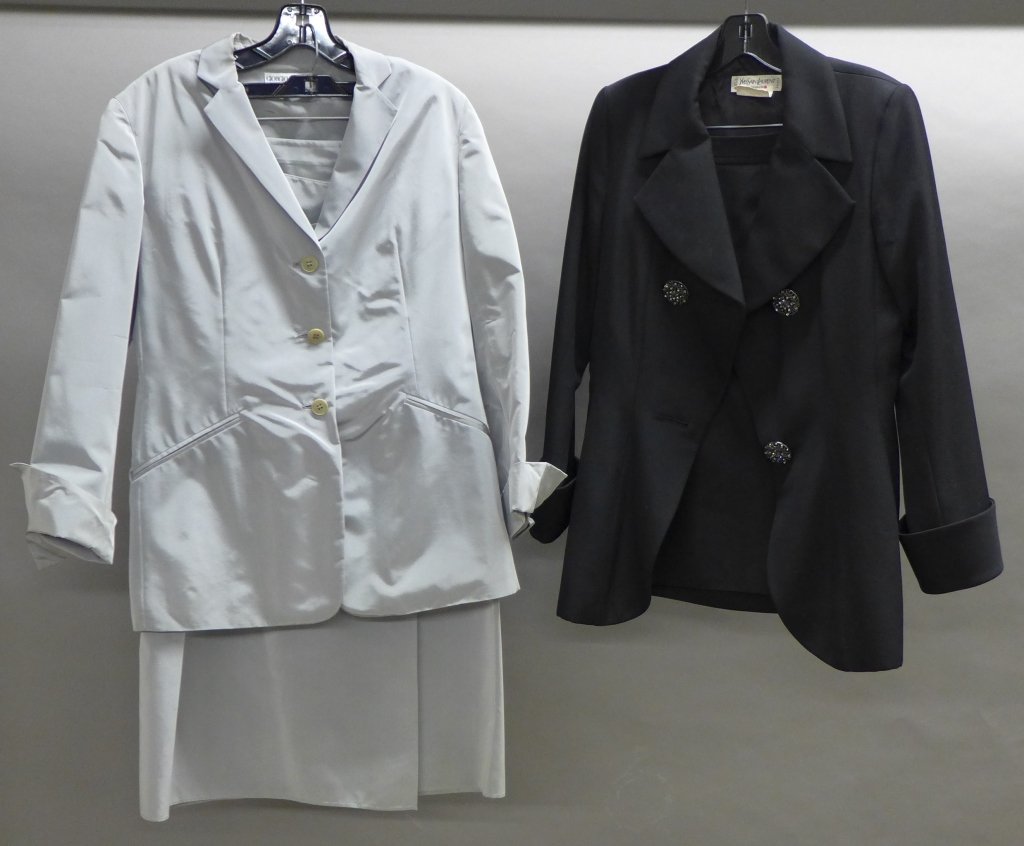 Woman's Apparel: Women's designer's sets. Giorgio Armani 3 pieces suit set, size 8. Some discoloration. Yves Saint Lurent 2 piece set with decorative rhinestone buttons. Wear to collar. Valentino Miss V 2 piece set, s