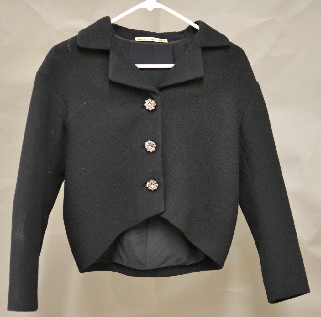 Balenciaga Black Jacket: Black Balenciaga Paris jacket with rhinestone cluster buttons. High/low waist style. Size 40. Great condition.