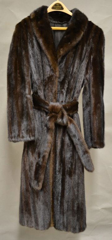 Fur Coat w/ Sash: Dark brown fur coat with belt, possibly genuine mink. Initials embroidered into inside lining. Length: 46"