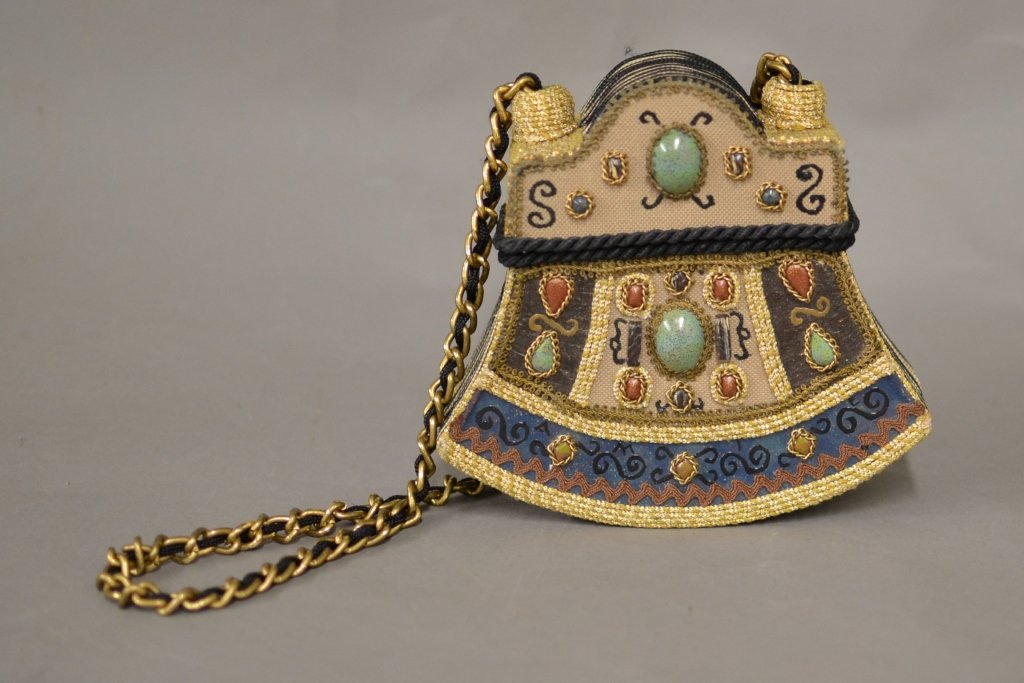 Hand Crafted Purse: Hand painted eclectic box purse with chain and rope accents. Height: 6 1/4", Width: 6 3/4", Depth: 2 1/8"