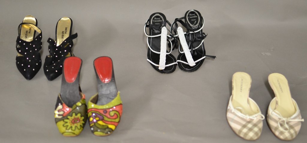 Designer Shoes: Collection of 4 pairs of woman's designer shoes. The Burberry size: 35 1/2. Miss Sixty size: 36. Rene Caovilla size: 36. Sacha London size: 6B.