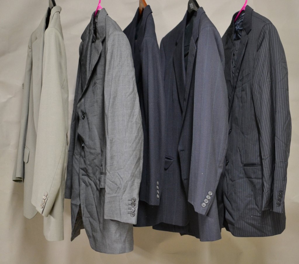 Men's Suit Lot: Assortment of 5 Suits. Collection includes designers: Burberry, Ralph Lauren, and Ermenegildo Zegna. Some suits have areas of slight discoloration. Colors vary: light gray, plaid gray, thick stripe na