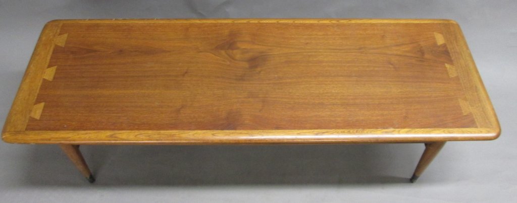 Lane Acclaim Low Table/ Coffee Table: Mid Century Modern coffee table by Lane furniture. The oversized dovetail joinery details and beautiful wood grain in its contrasting walnut/oak wood design are iconic Acclaim details. Maker's mark on
