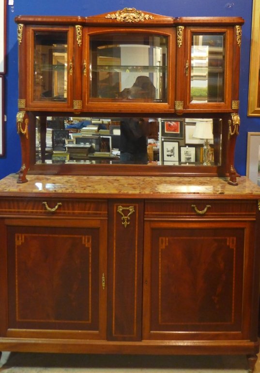 Louis VXI Buffet, 19th Century: 19th Century marble top buffet with upper cabinets. Bronze mounts, back mirror and detailed inlay make this piece beautiful. Height: 82", Width: 61 1/2", Depth: 21"